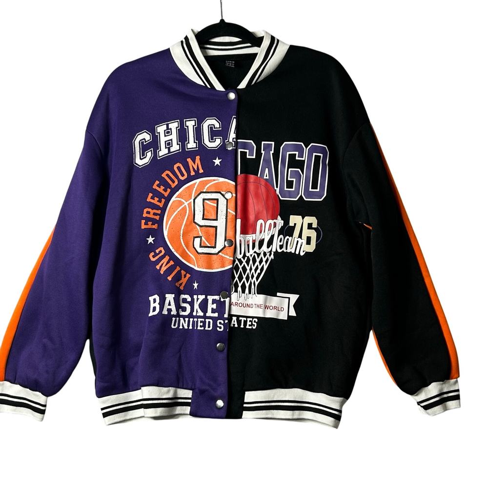 Shein Jacket Unisex‎ M Black Purple Chicago Basketball Dual Sided Retro Varsity